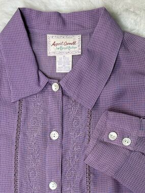 VTG April Cornell Embroidered Rayon Button Front Crochet Lace Top M Lilac Sheer